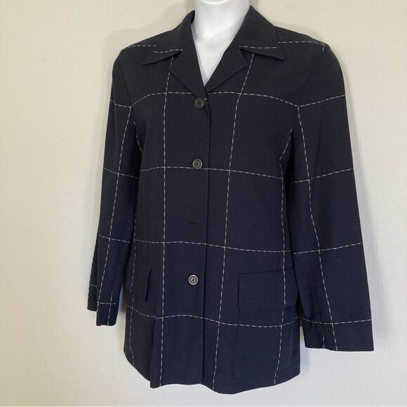 Laurel by Escada Blazer Women 42 Wool Blend Navy‎ Blue Windowpane Plaid Jacket - Picture 1 of 10